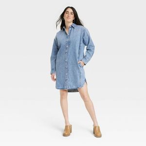 NWT Women's Long Sleeve Mini Shirtdress - Universal Thread Blue L